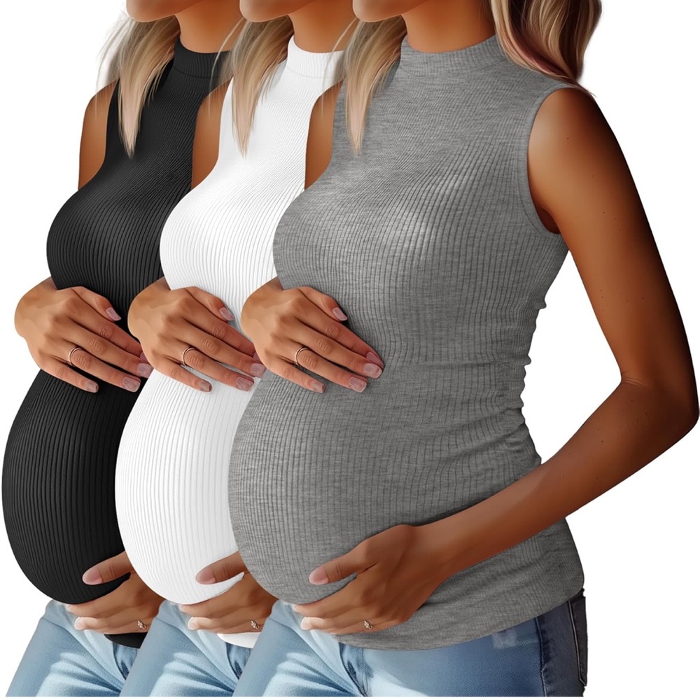 Three Maternity Tank Tops Mock Turtleneck Ribbed Ruching Large
